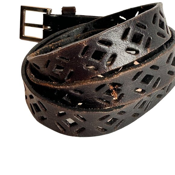 Vintage Brown Leather Belt With Cut-Out Design & Metal Buckle 42in long - Picture 7 of 8